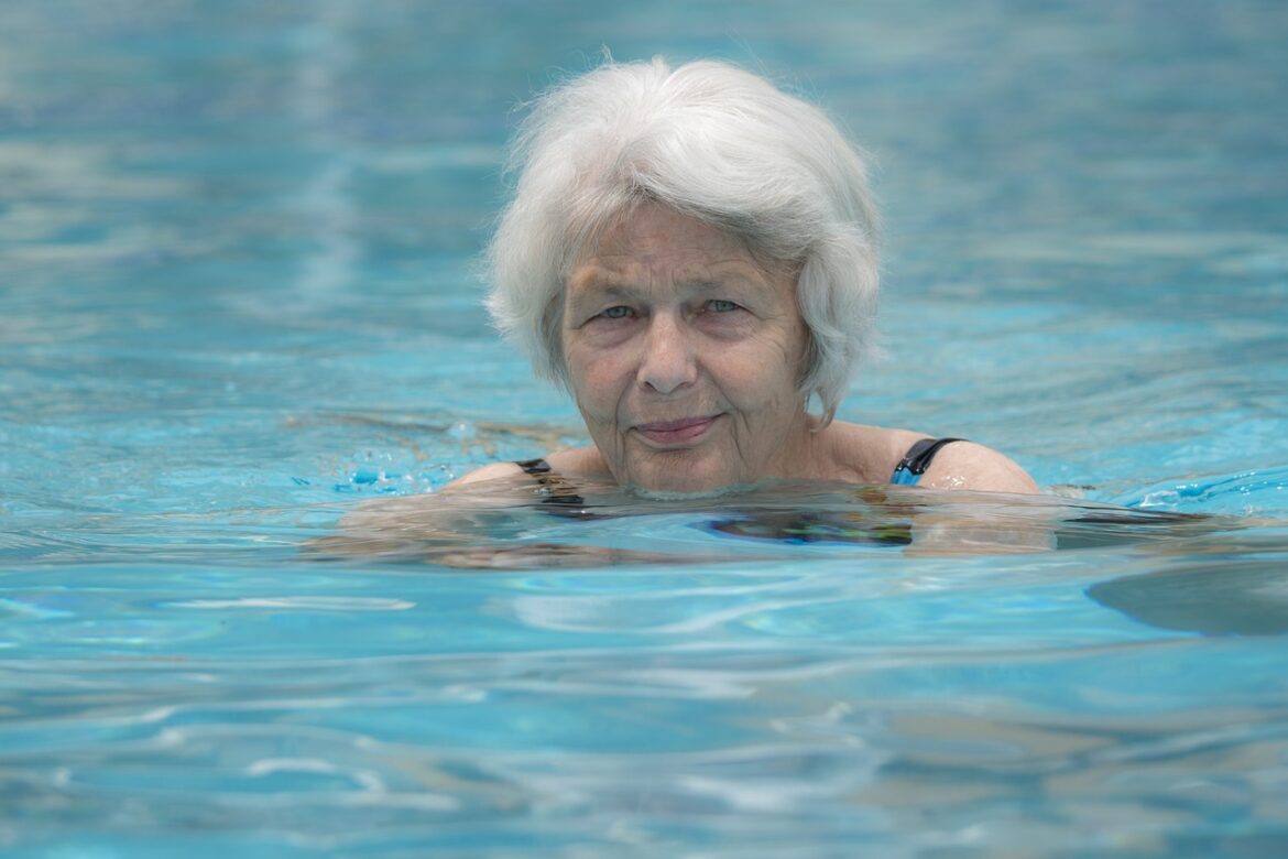 swimming, elderly woman, pool