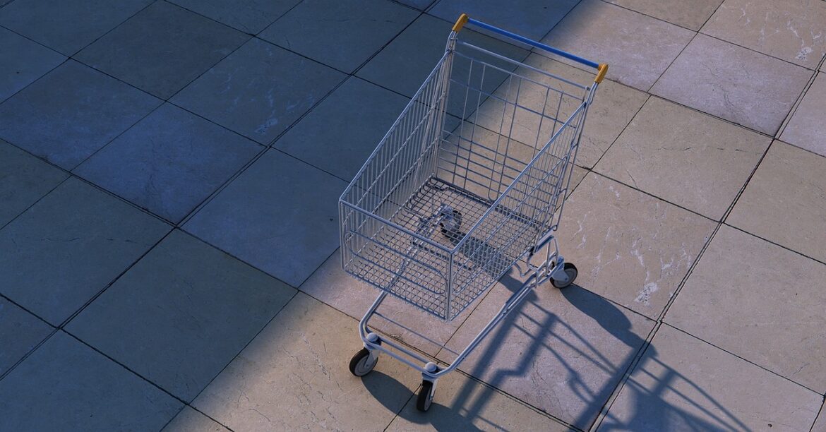 shopping venture, dolly cart, shopping, contour, metallic, sun reflections, the shade, hall, concrete wall, monochrome, 3d, rendering