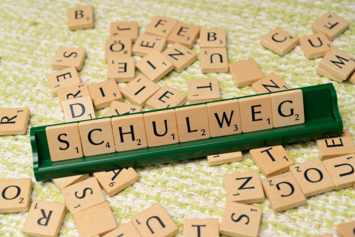 A wooden board with the word schulweg written on it