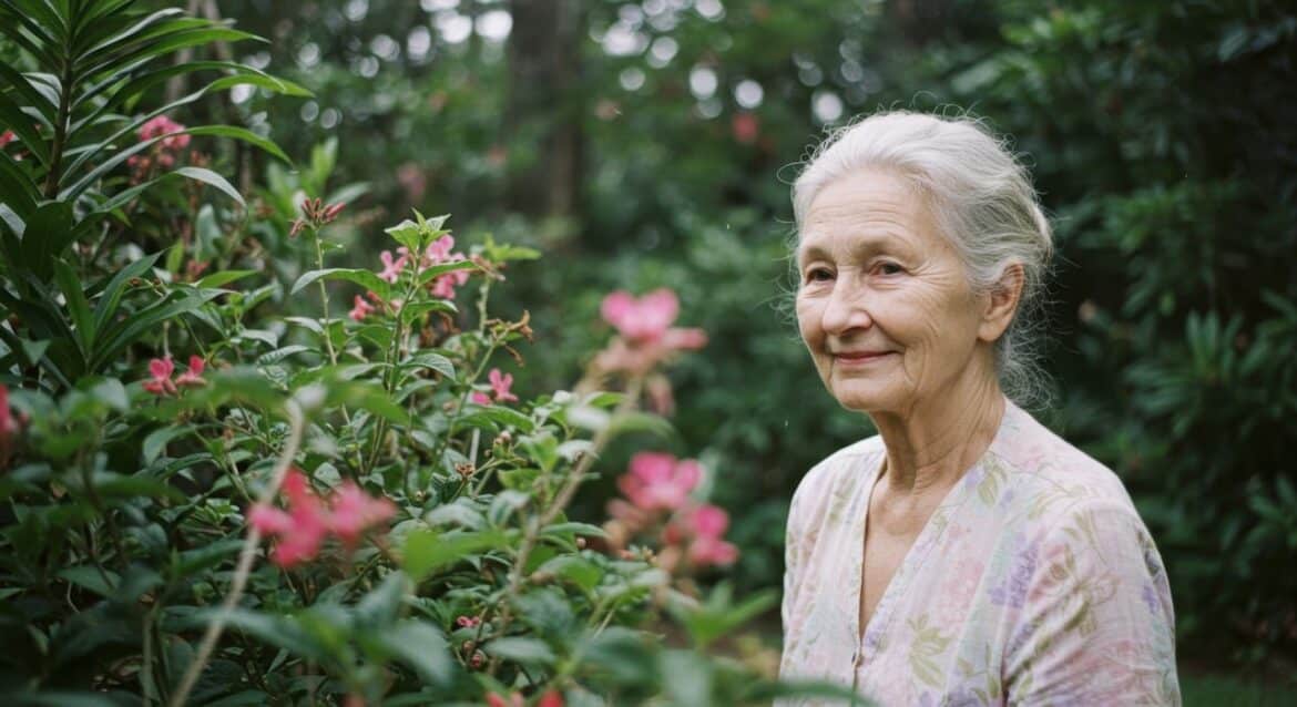 woman, nature, asian, female, senior, smiling, old, burnout, jungle, therapy, mindfulness, natural, digital detox, serenity, life, care, meditation, peace, portrait, health, tropical, ai generated